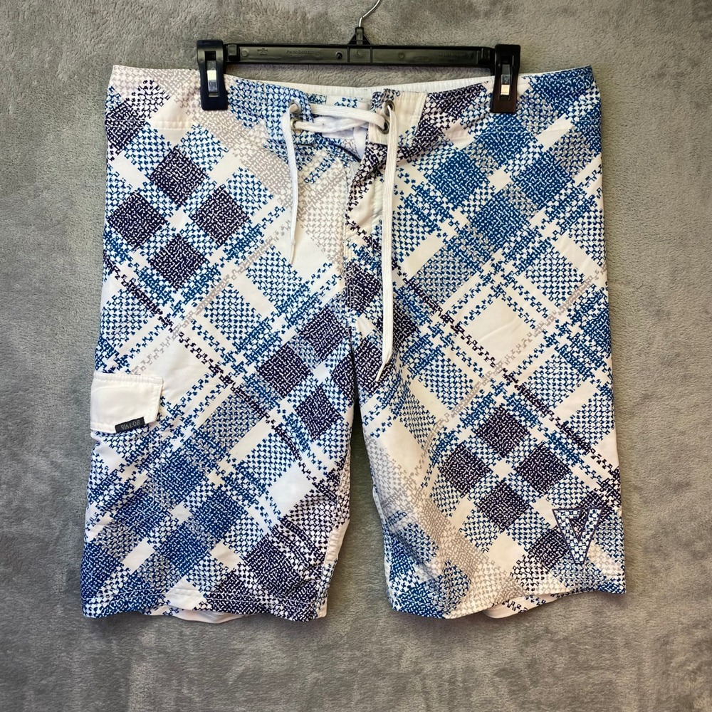 Valor Boardshorts Mens 34 Plaid Blue White VR12004T Stretch Swim Trunks EUC